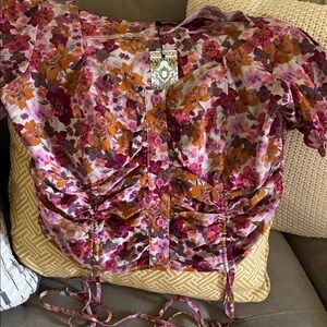 Boohoo Floral Ruched Blouse - Pink and Orange